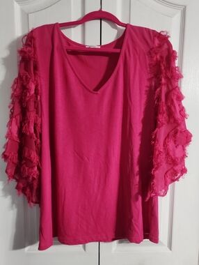 ANDTHEWHY Brand Boutique Boho Fringe Sleeve V-Neck Tunic - Hot Pink